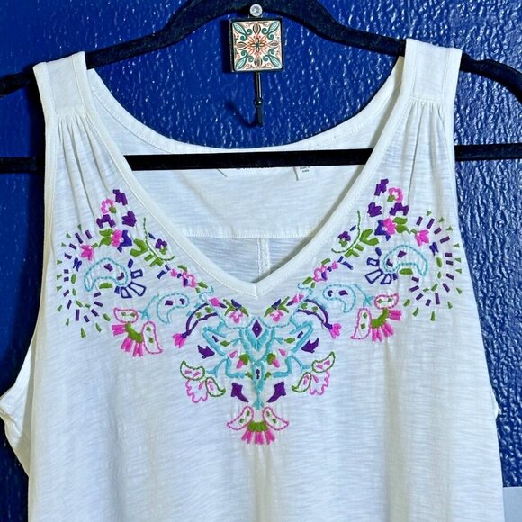 Athleta Talley Tank Top Floral Embroiled Cotton Breathable Summer Sz L - Picture 2 of 5